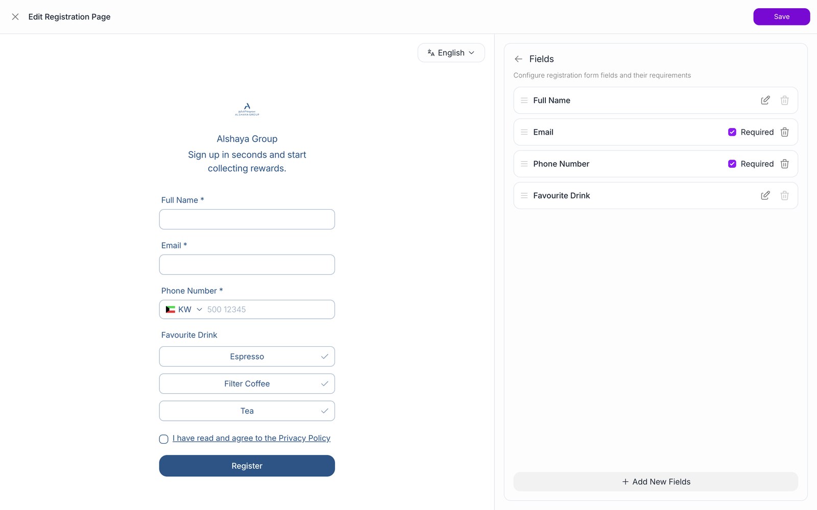 Dashboard, registration page designer: field list with the mandatory toggle.