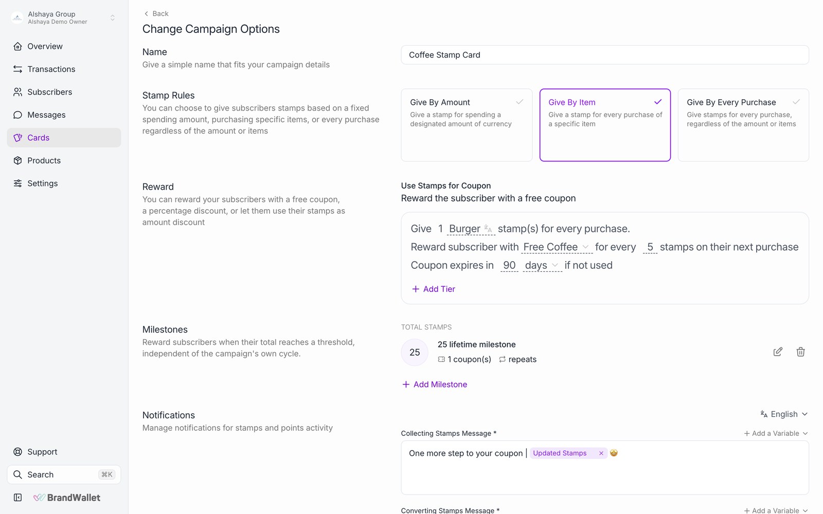 Dashboard, Stamp Card settings: stamp target, qualifying product and reward coupon.