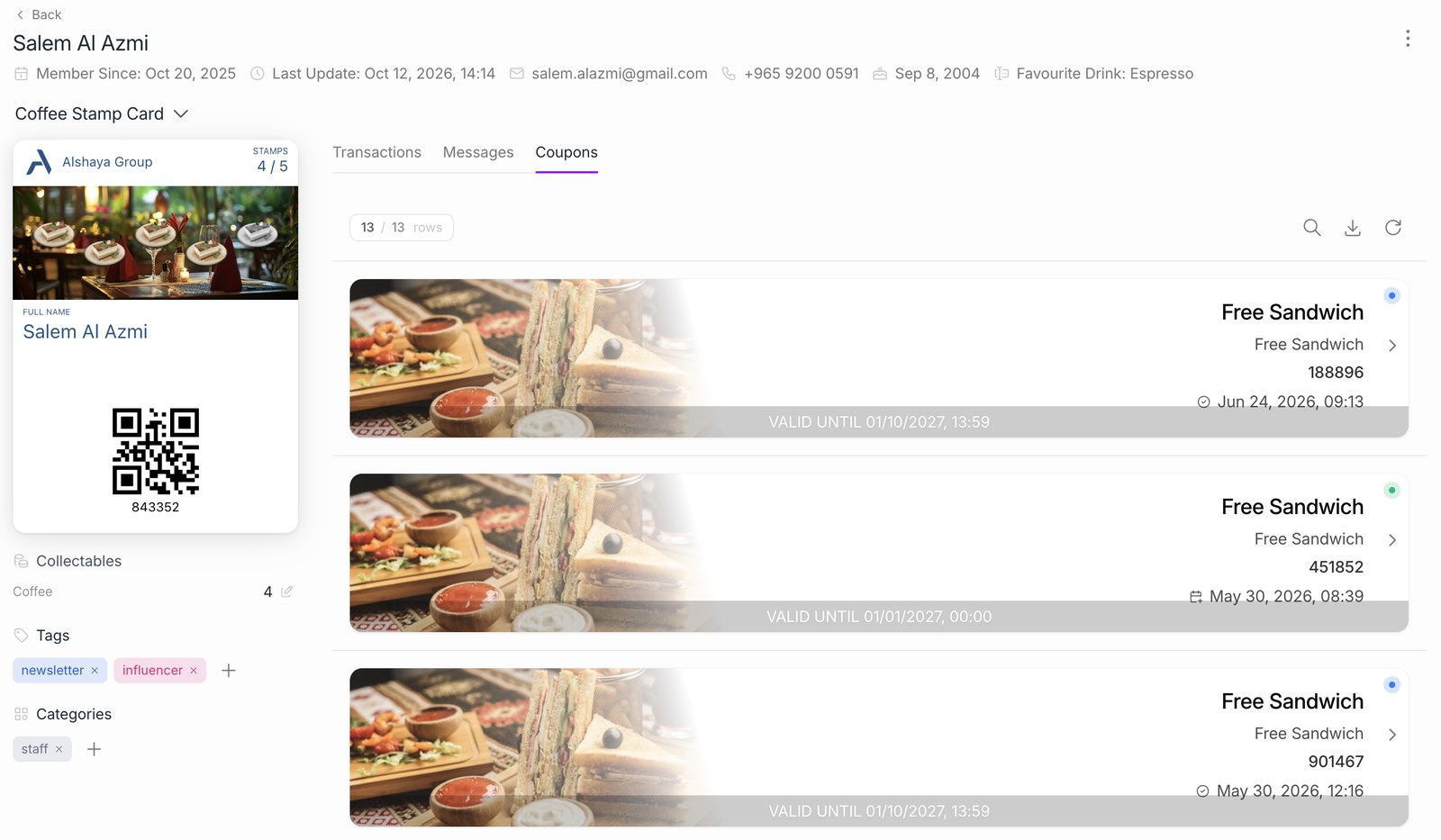 Subscriber page: the wallet card with live stamp progress and the subscriber's active reward coupons with their validity.