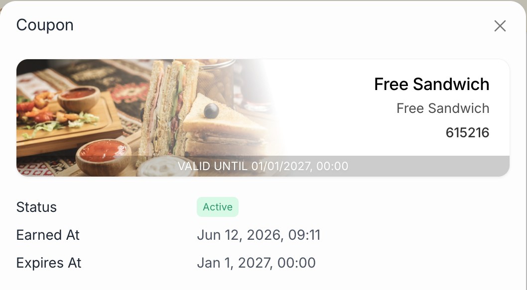 Opening a coupon from the subscriber page: status, earned date and expiry date.