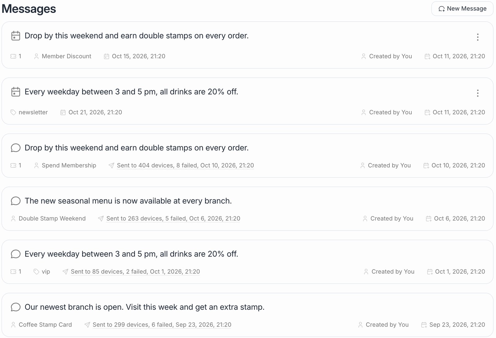 Messages list: scheduled and sent messages with their audience (card or tag), attached coupons and delivery results.