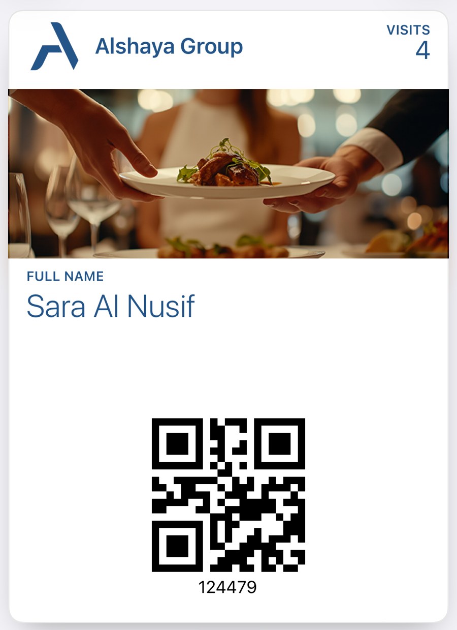 Alshaya Group card in Apple Wallet with the QR code the cashier scans at the counter.