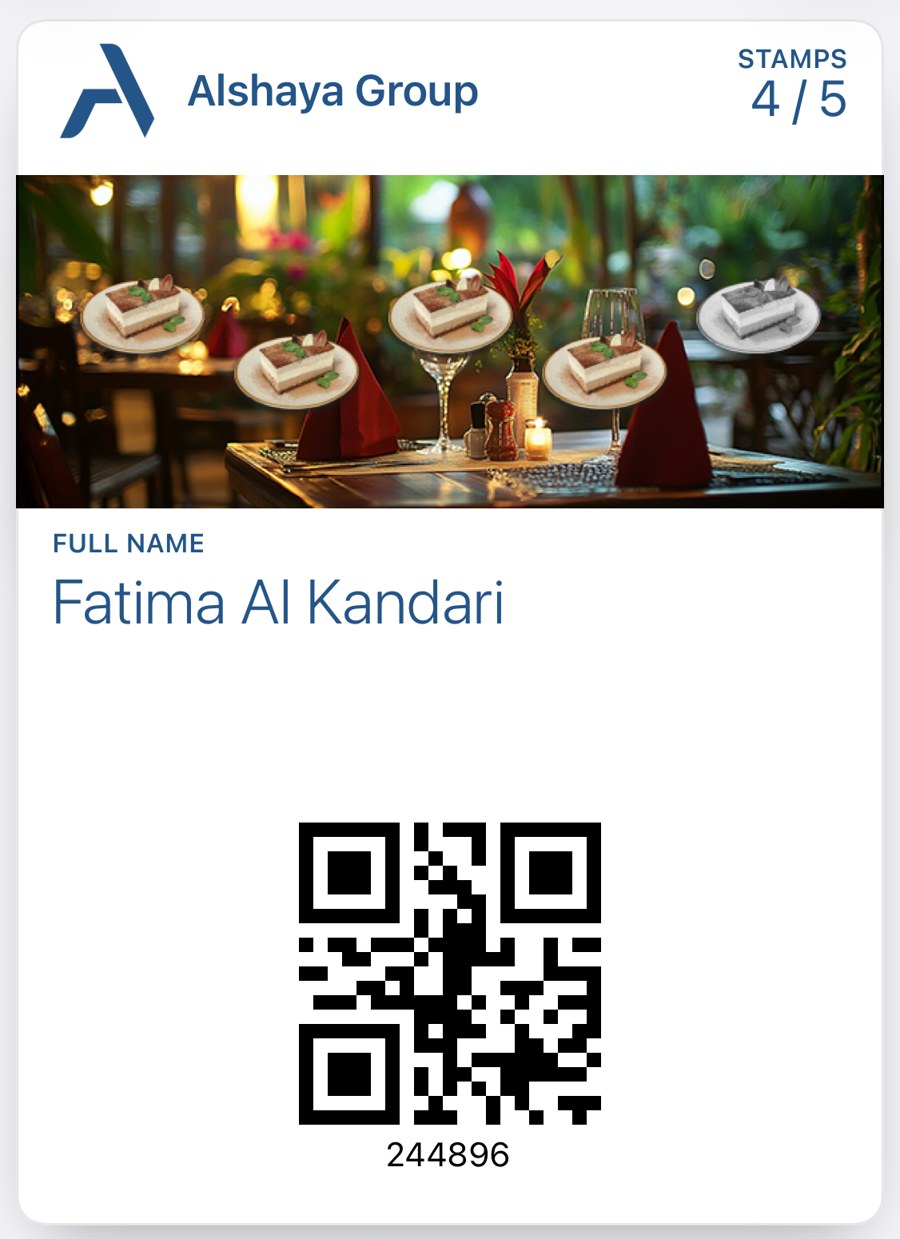 Alshaya Group Stamp Card in Apple Wallet: 4 of 5 stamps collected, shown in the header and on the strip image.