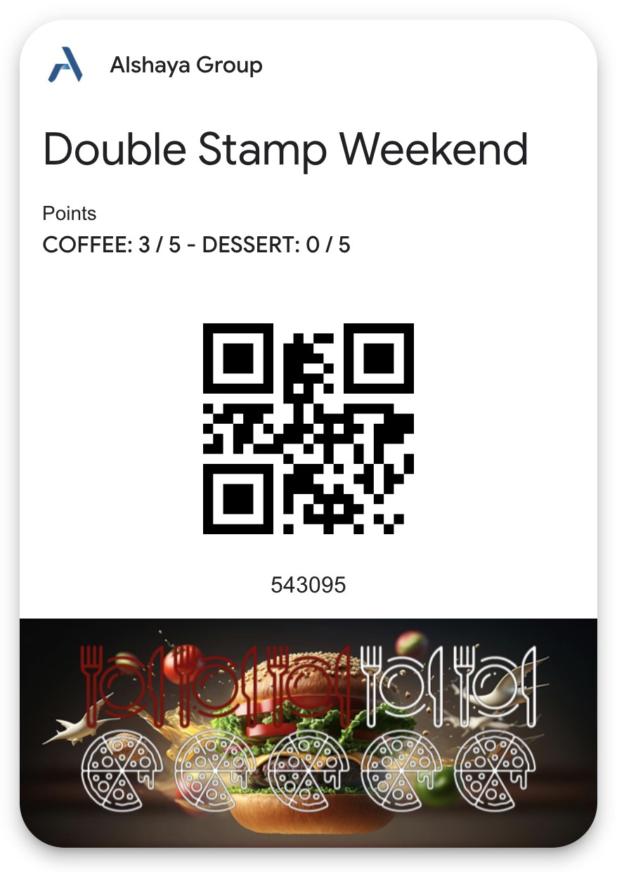 The Multi Stamp Card in Google Wallet: coffee 3 of 5, dessert 0 of 5.