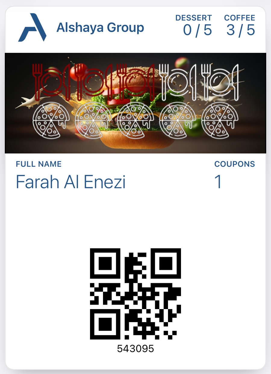 Alshaya Group Multi Stamp Card with two tracks (dessert and coffee) on one card and an earned coupon.