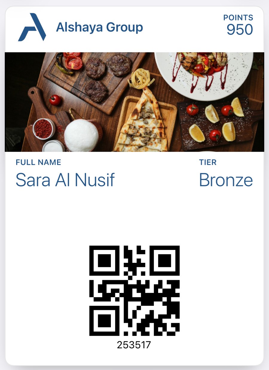 Front of the Alshaya Group tiered card: points balance and current tier.