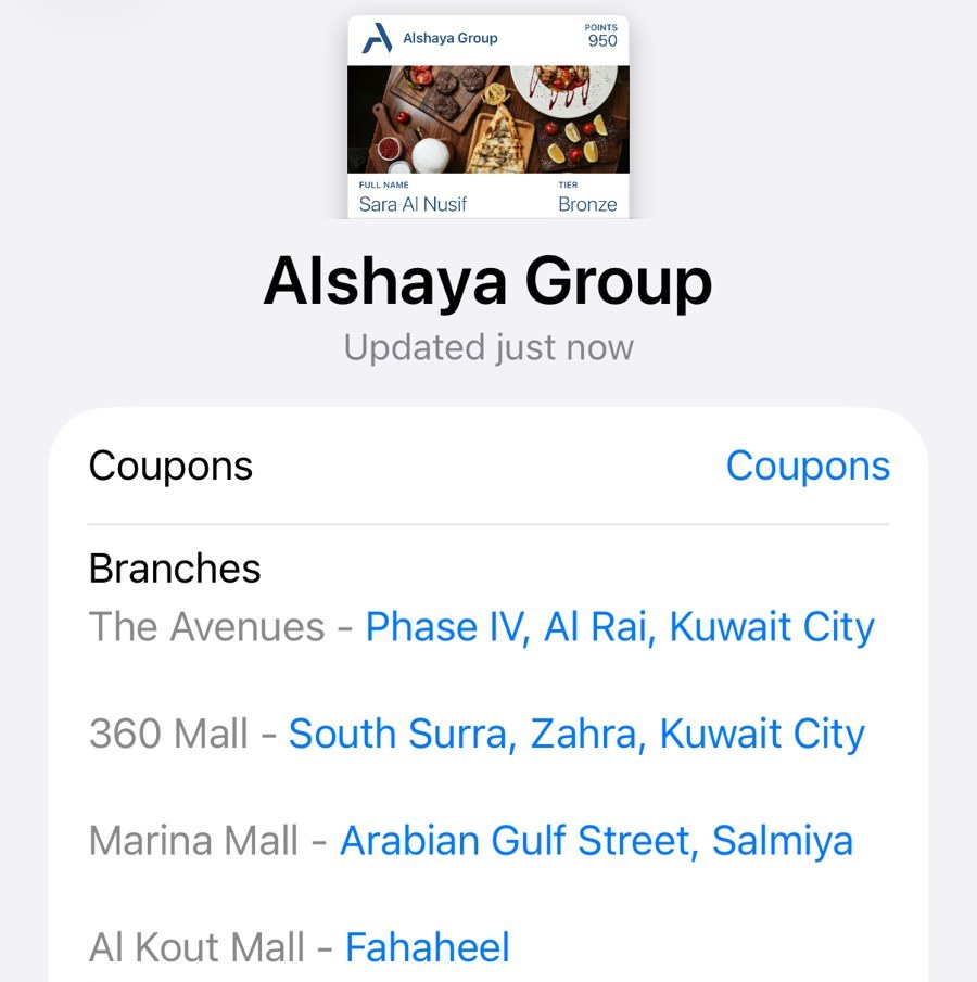 Back of the same card, edited in the dashboard: coupons, branches with directions and links.